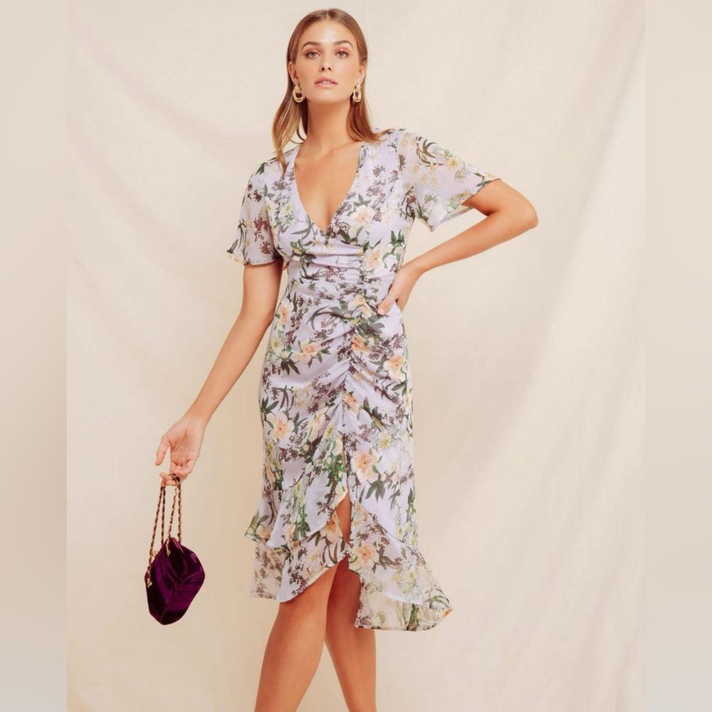 ASTR The Label Cinched Mermaid Lavender Floral Midi‎ Dress Size Small